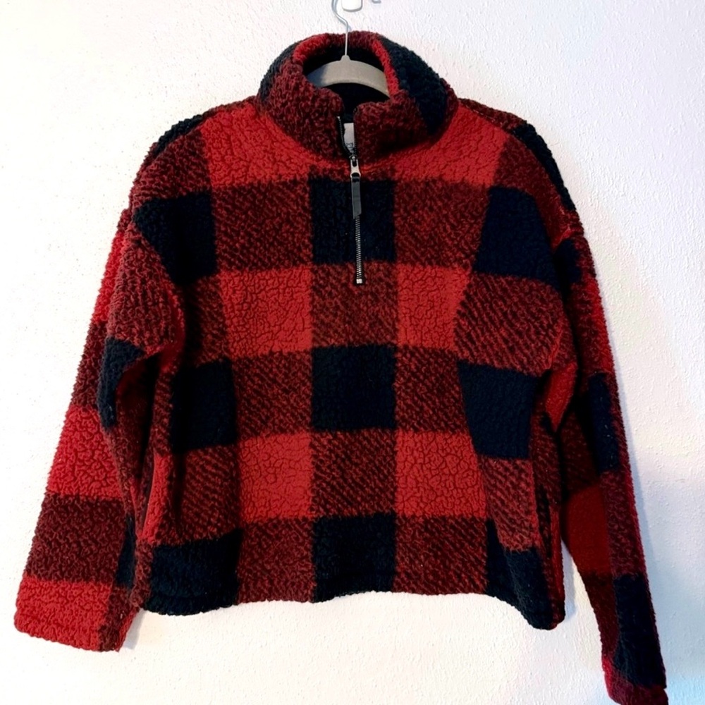 Cozy Red and Black Plaid Quarter Zip Cropped Fleece
